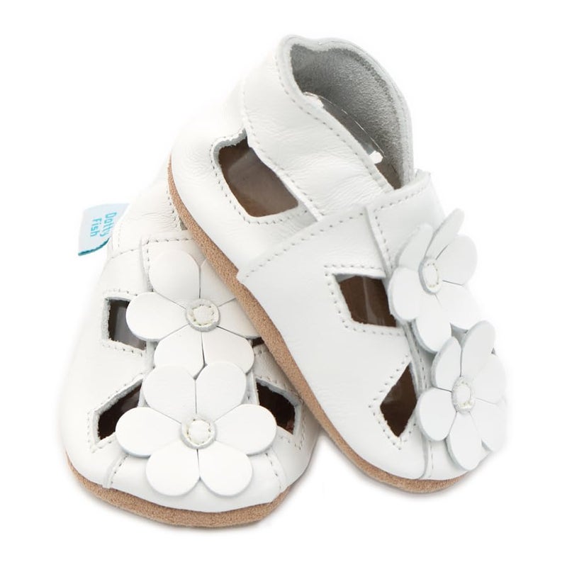 Dotty Fish Soft Leather Infant Toddler Sandals. White Flowers. 0-6 Months - Image 4